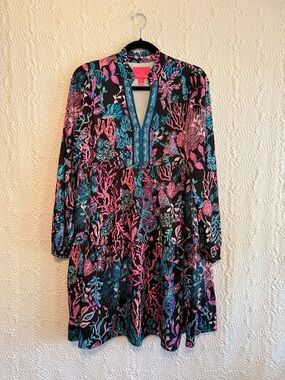 Lilly Pulitzer Arella Swing Dress in Onyx Twilight Coral Black Floral, Small